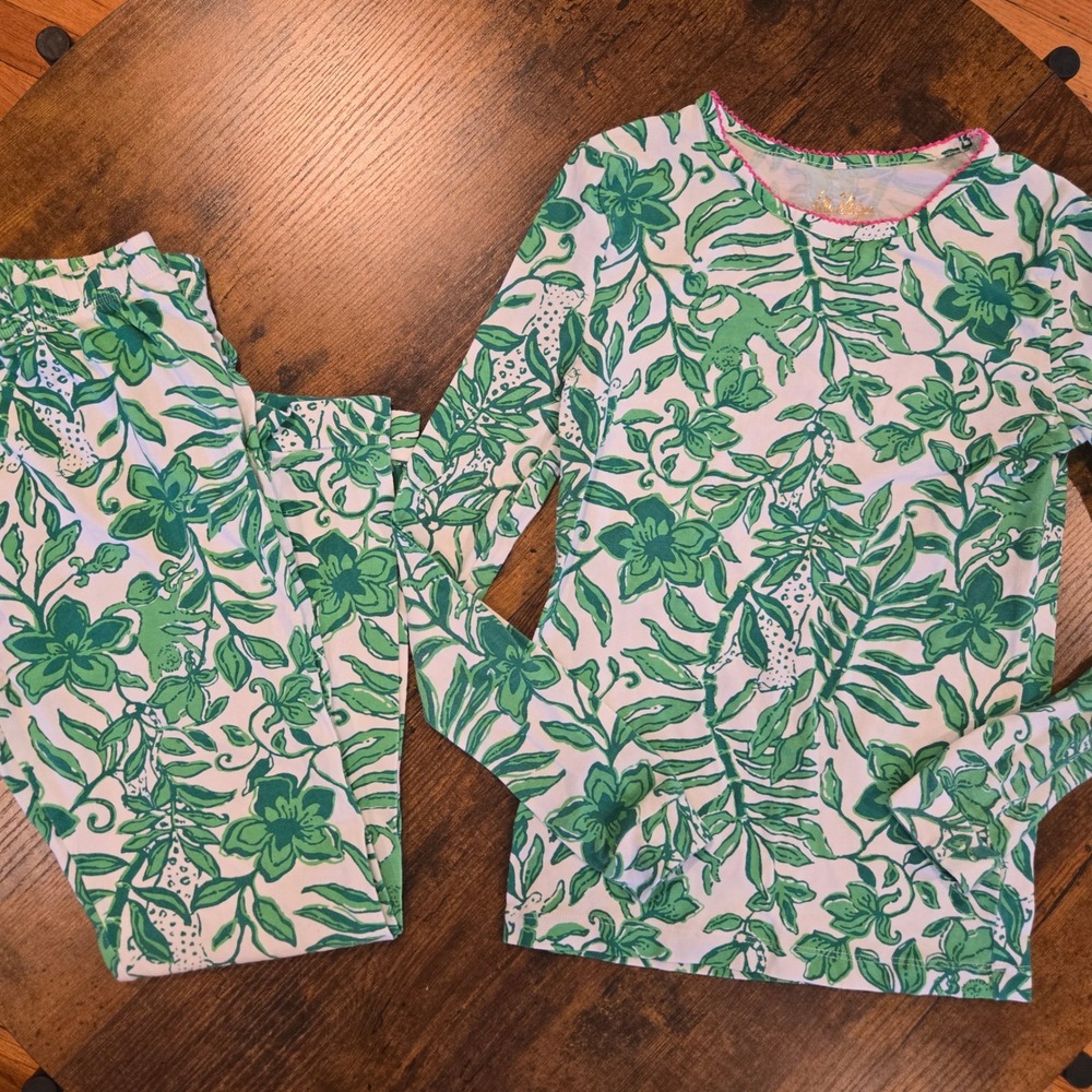 Lilly Pulitzer Girls Green White Jungle Print Pajama Set Leopard Monkey Size‎ 10